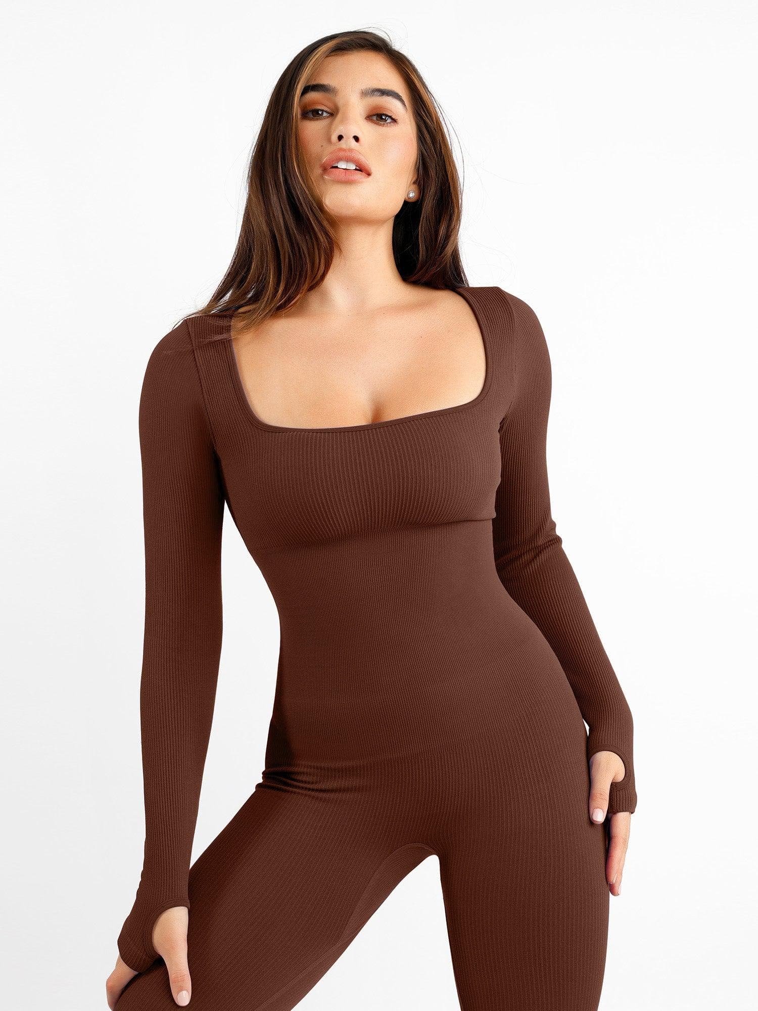 Jumpsuit with thumbhole and square neckline
