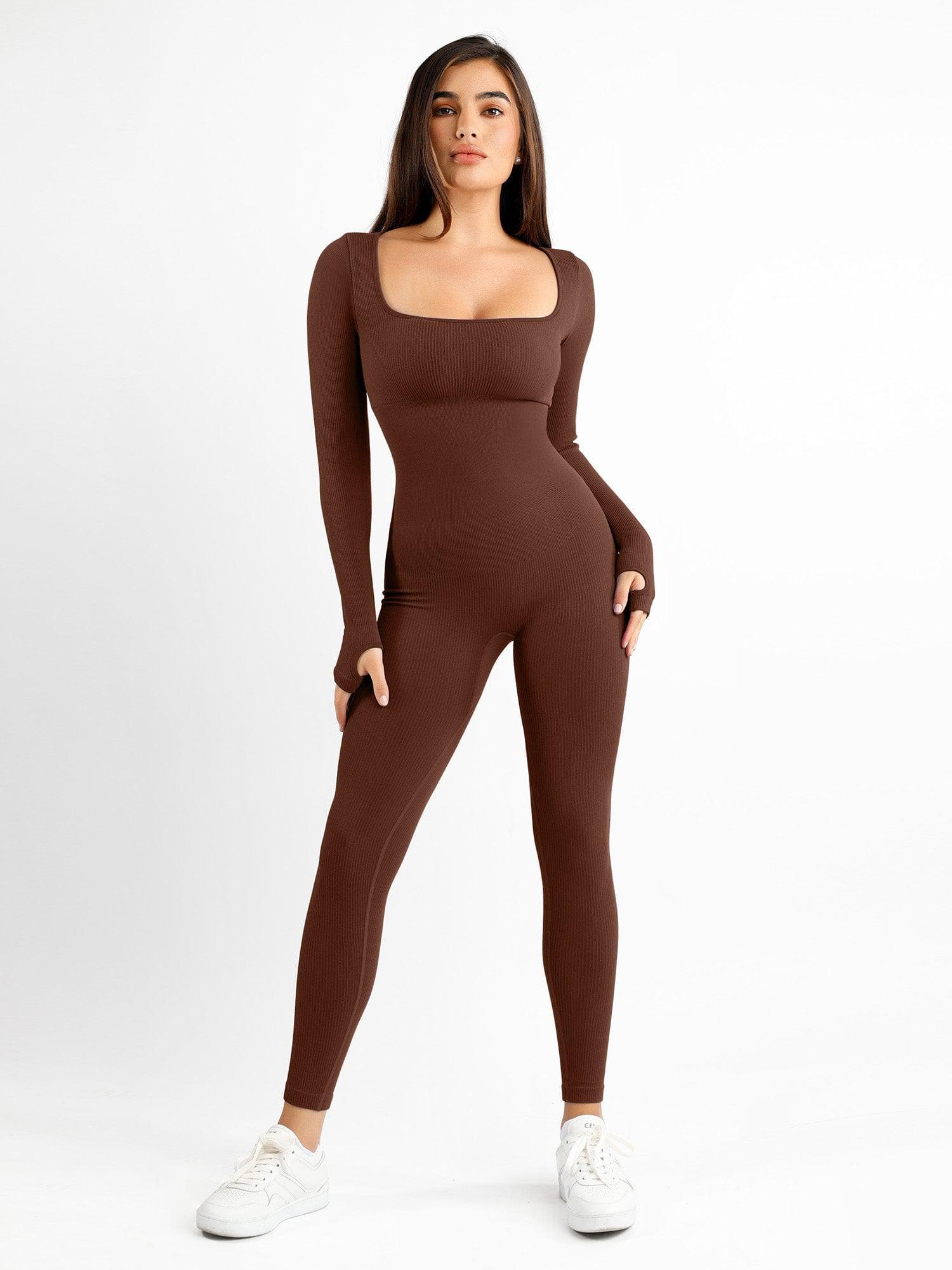Jumpsuit with thumbhole and square neckline