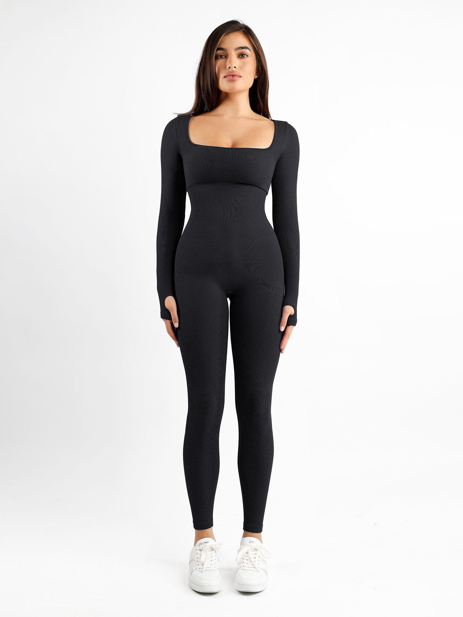 Jumpsuit with thumbhole and square neckline